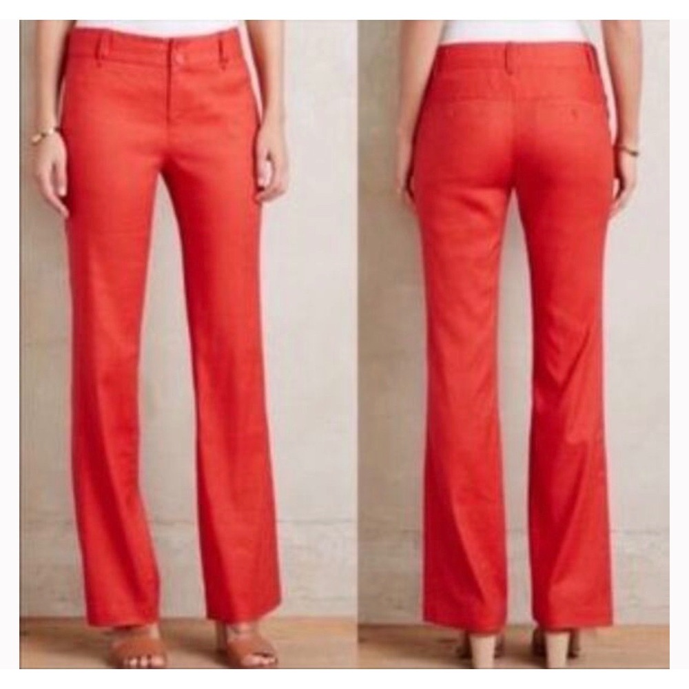 Elevenses Anthropologie Red Linen‎ Blend Wide Leg Trousers Pants Size 8
